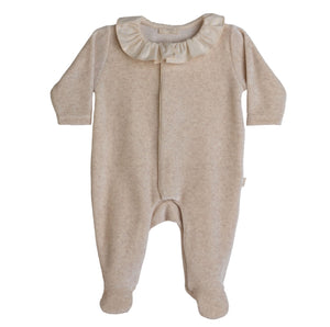 Velour Babygrow with Ruffle Collar-Camel