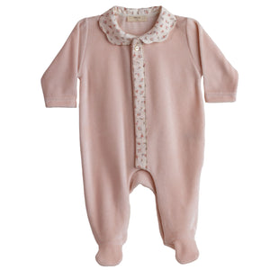 Velour Babygrow with Floral Collar-Peach Pink