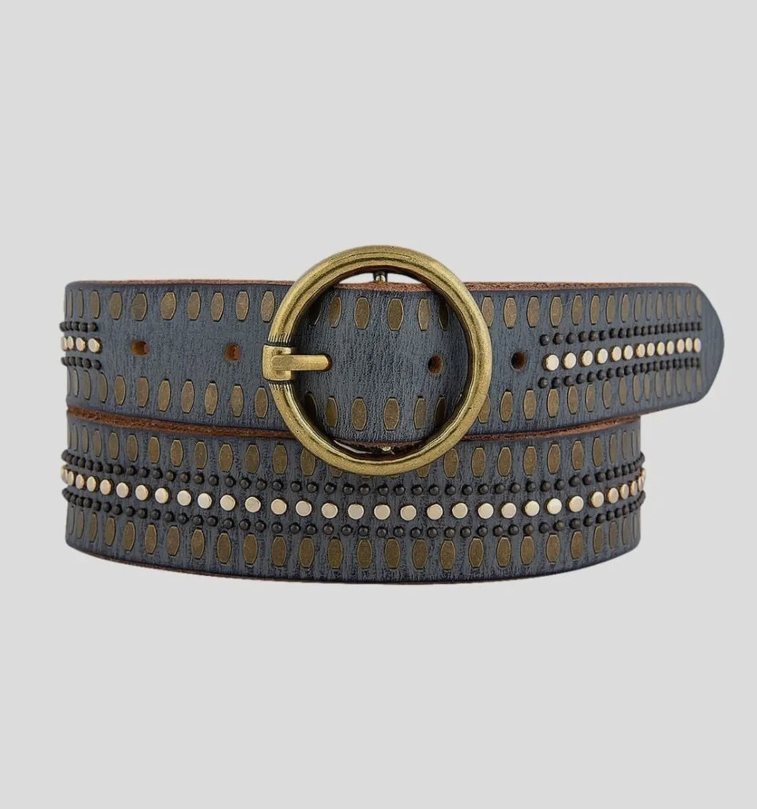Soraya | Gold Circle Buckle Studded
Leather Belt-Grey