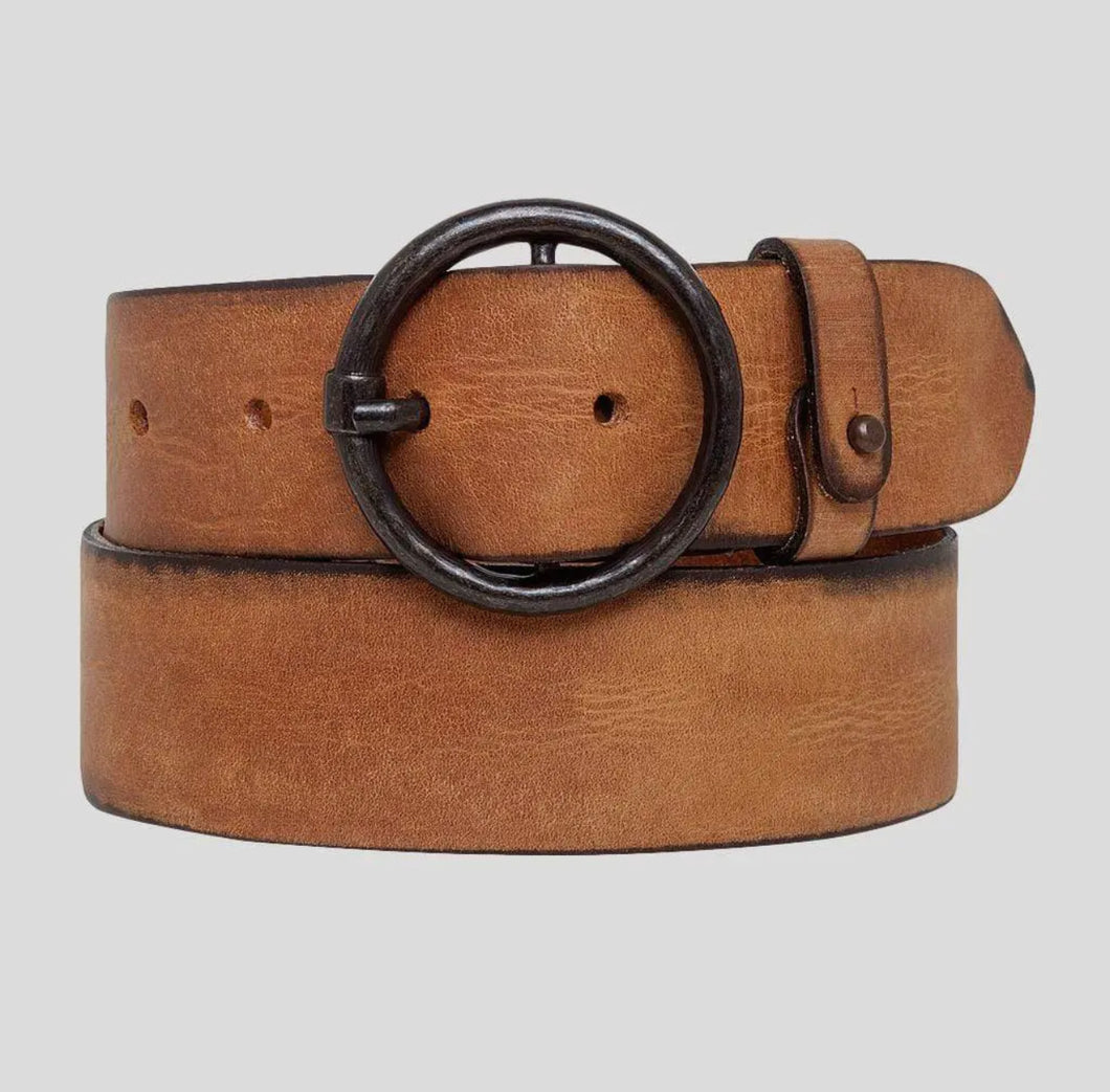 Vintage Metal Circle Buckle Leather Belt-Cognac