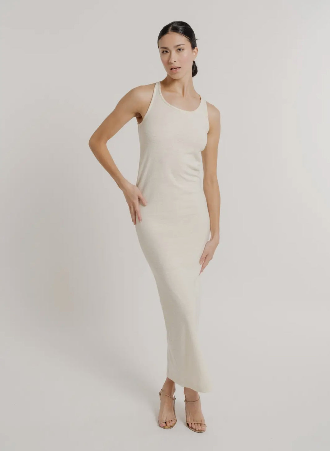 Silk Noil Knit Tank Dress-Ivory