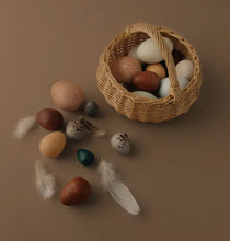 Load image into Gallery viewer, Dozen Handmade Wooden Bird Eggs With Rattan Basket
