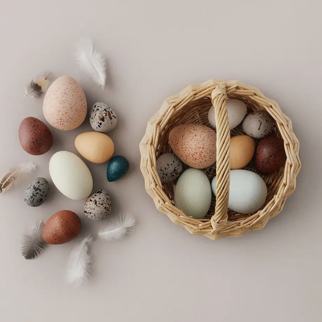 Dozen Handmade Wooden Bird Eggs With Rattan Basket